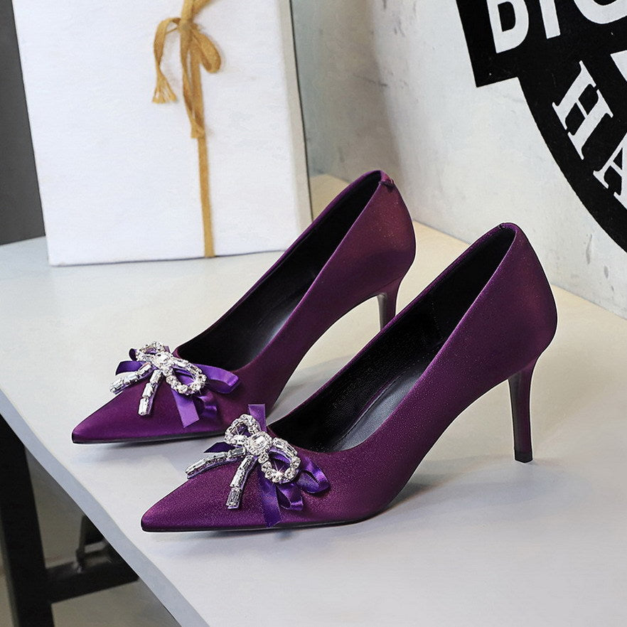 French Elegant Beautiful Rhinestone Ribbon Bow Slip on Satin Stiletto High Heel Shoes Women  DestGlow