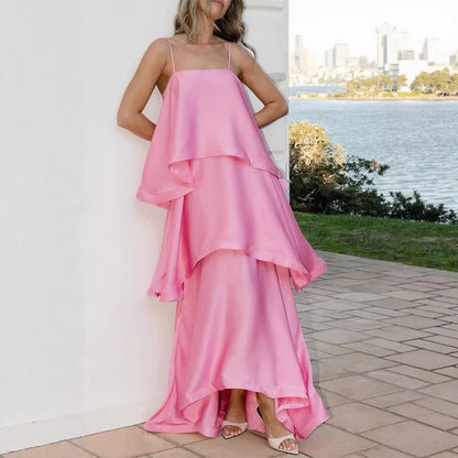 Spring Summer Satin Sling Multi Layer Dress Casual Loose Vacation Dress  DestGlow