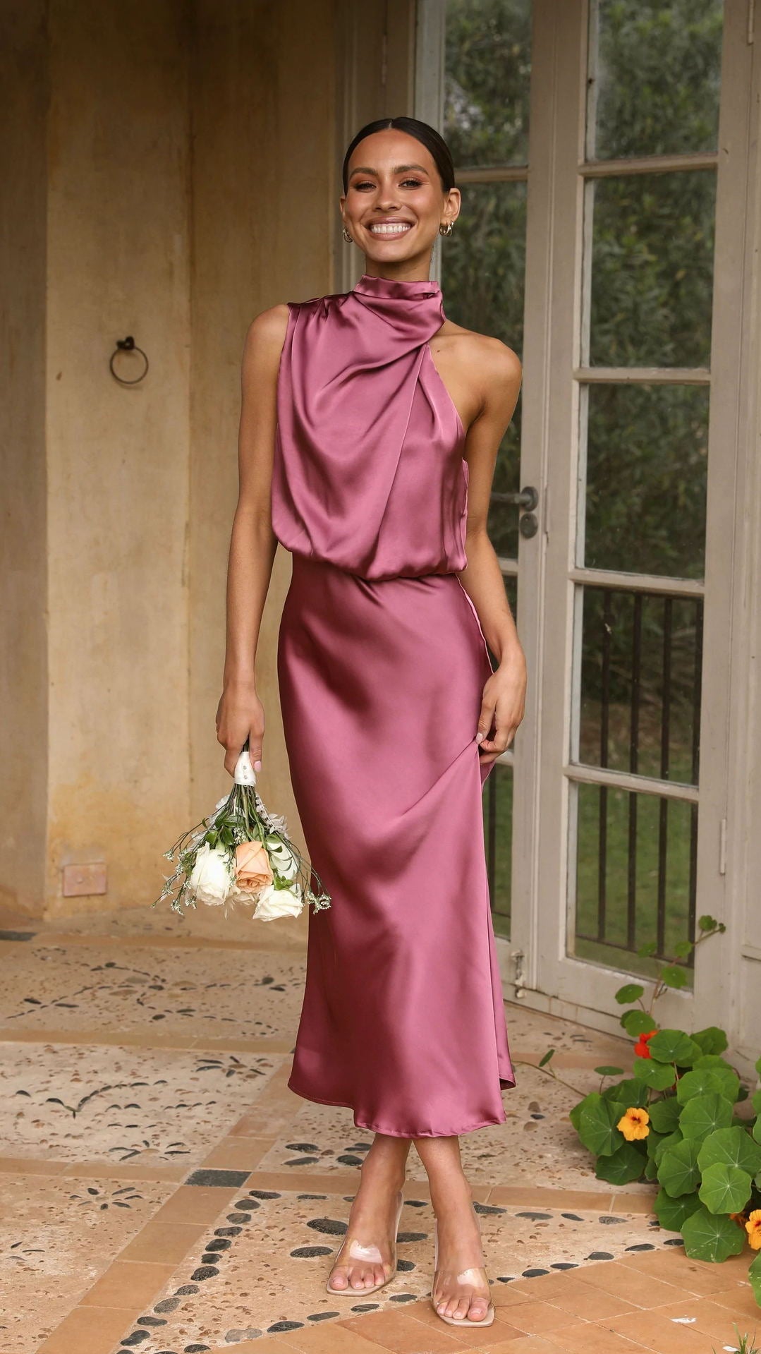 Summer Mature Elegant Women Clothing Sleeveless Halter Solid Color Satin Dress by Ragazza