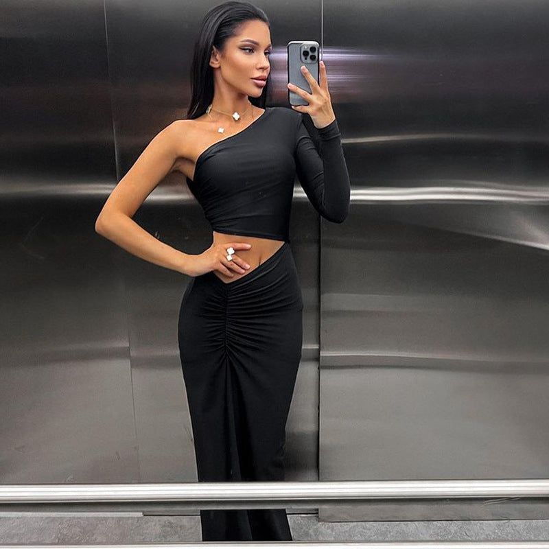 Women Sexy Oblique Shoulder Single Sleeve Pleated Cropped Outfit Split Mid Length Women Dress by Ragazza