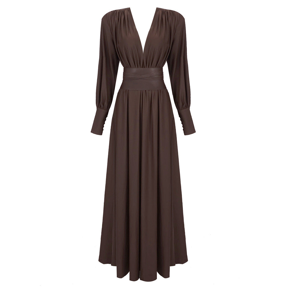 Spring Summer Chocolate Design Waist Seal Pleated Dress Brown Women Dress by Ragazza