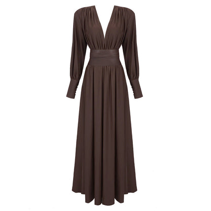 Spring Summer Chocolate Design Waist Seal Pleated Dress Brown Women Dress by Ragazza