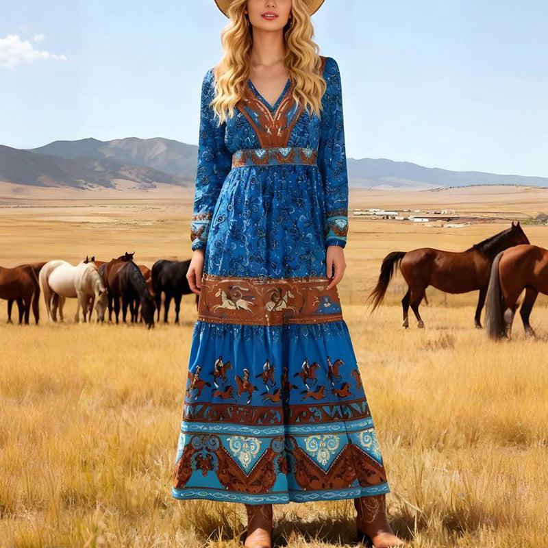 Women Printed Bohemian Long Sleeve Long Dress by Ragazza