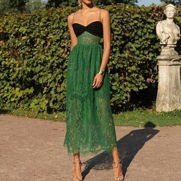 Women Clothing Sexy Suspenders Lace Green Hollow Out Cutout Holiday Mopping Maxi Dress by Ragazza