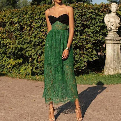 Women Clothing Sexy Suspenders Lace Green Hollow Out Cutout Holiday Mopping Maxi Dress by Ragazza