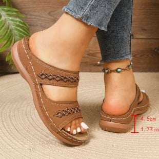 Hollow Out Cutout Embroidered Platform Peep Toe Slippers Women Lightweight Sewing Thread Wedge Beach Slippers  DestGlow