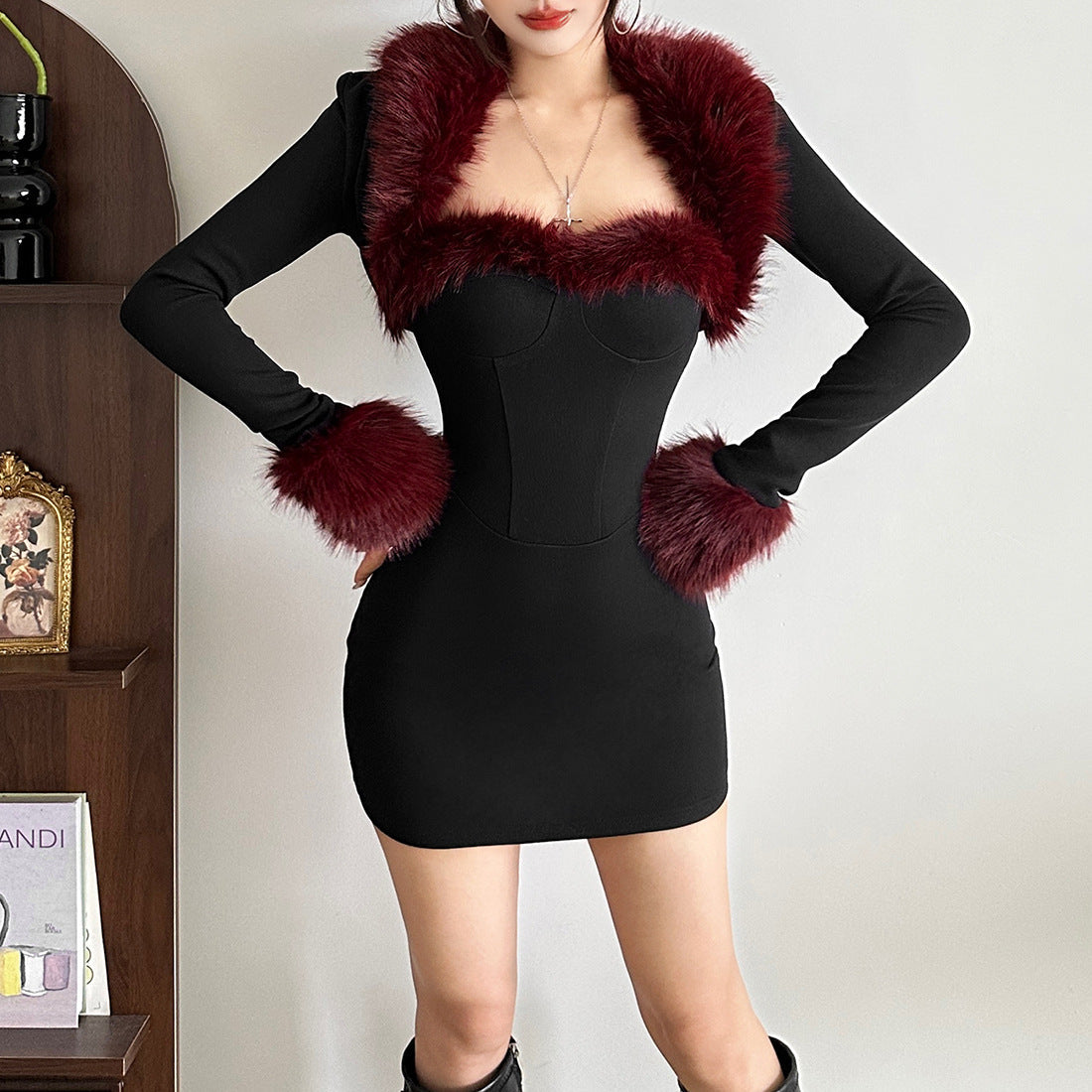 Autumn Winter Women Clothing Sexy Dignified Sense of Design Plush Stitching Long Sleeve Narrow Dress Set for Women by Ragazza