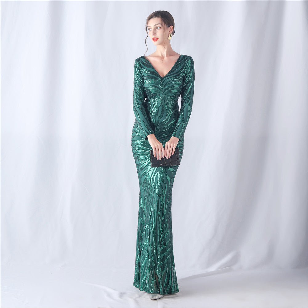 Positioning Floral Cutting Craft Magic Color Sequin Annual Meeting Wedding Long Sleeve Evening Dress by Ragazza