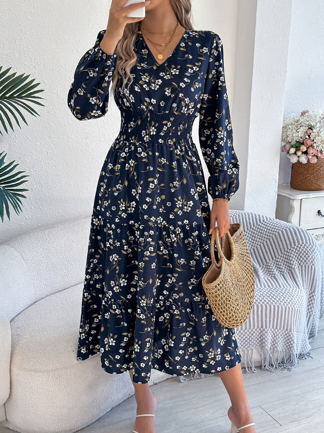 Autumn Winter Elegant Floral V neck Long Sleeve Waist Trimming Ruffles A line Women Clothing by Ragazza