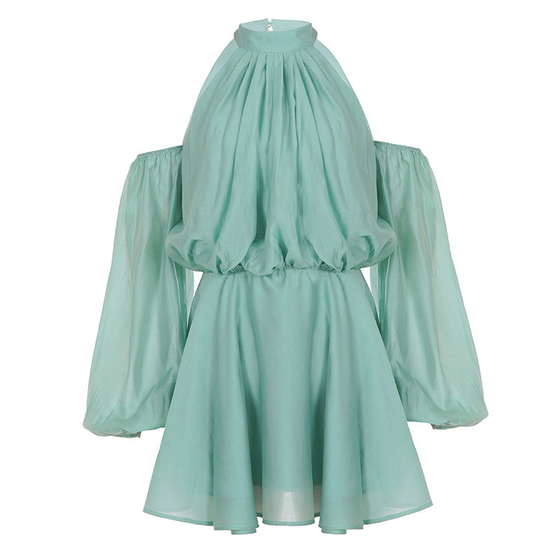 French Elegant Socialite off Shoulder Halter Hollow Out Cutout Backless Dress Fashionable Island Vacation Light Pettiskirt Women  DestGlow