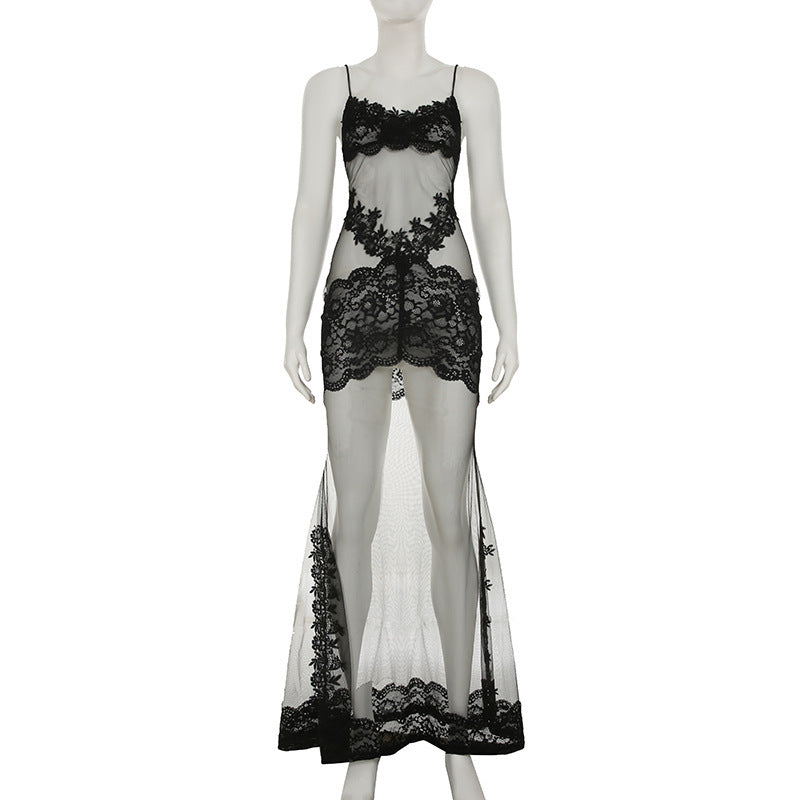 Summer Women Mesh Lace Lace Spaghetti Strap Dress See through Sexy Nightdress Vacation Maxi Dress by Ragazza