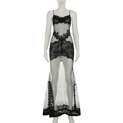 Summer Women Mesh Lace Lace Spaghetti Strap Dress See through Sexy Nightdress Vacation Maxi Dress by Ragazza