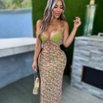 Summer Lace Stitching Printing Back Strap Dress Women  DestGlow