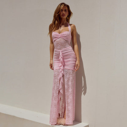 Summer Elegant Halter Lace Maxi Dress Sexy Sleeveless Backless Slim Fit Dress Women by Ragazza