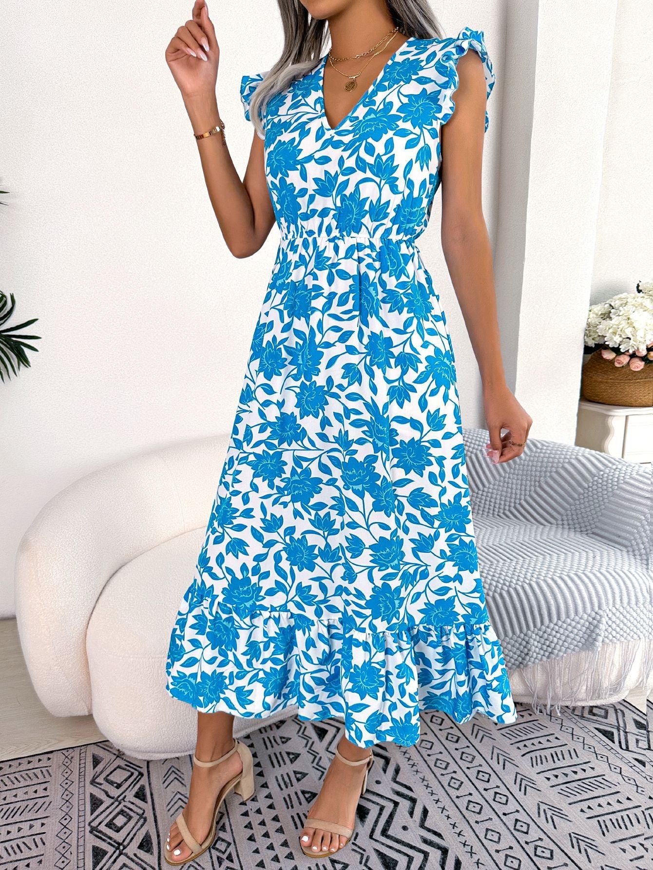 Spring Summer Casual Wooden Ear Floral Waist Slimming Maxi Dress Holiday Dress Women Clothing by Ragazza