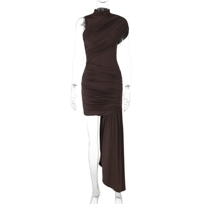 Women Clothing Spring Summer Slim round Neck Pleated Hip Irregular Asymmetric Sleeveless Dress by Ragazza