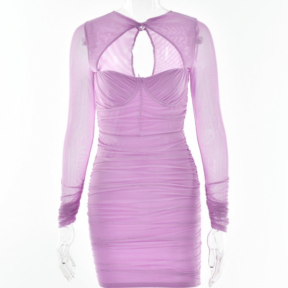 Summer Hollow Out Cutout Low Cut Dress Women Sexy Sexy Sheer Long Sleeve Skinny Hip Dress by Ragazza