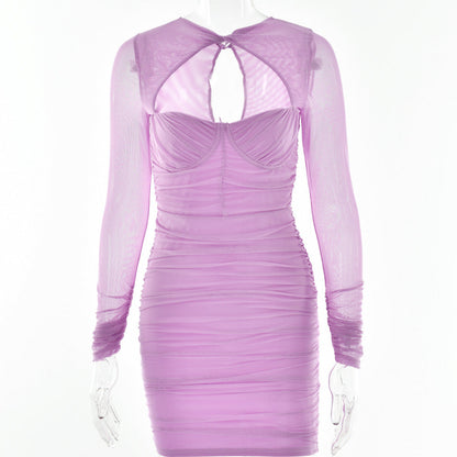 Summer Hollow Out Cutout Low Cut Dress Women Sexy Sexy Sheer Long Sleeve Skinny Hip Dress by Ragazza