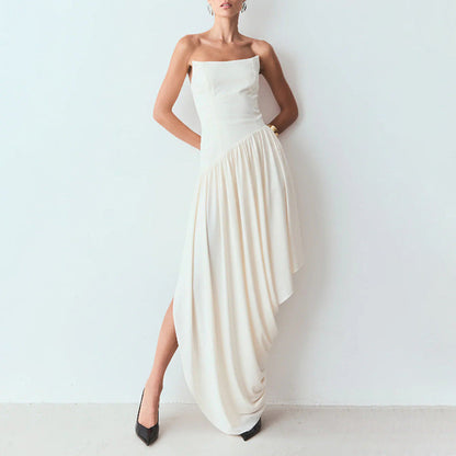 Elegant Sexy Pleating Dress Women Sleeveless Tube Top Design Irregular Asymmetric Dress Solid Color Dress  DestGlow