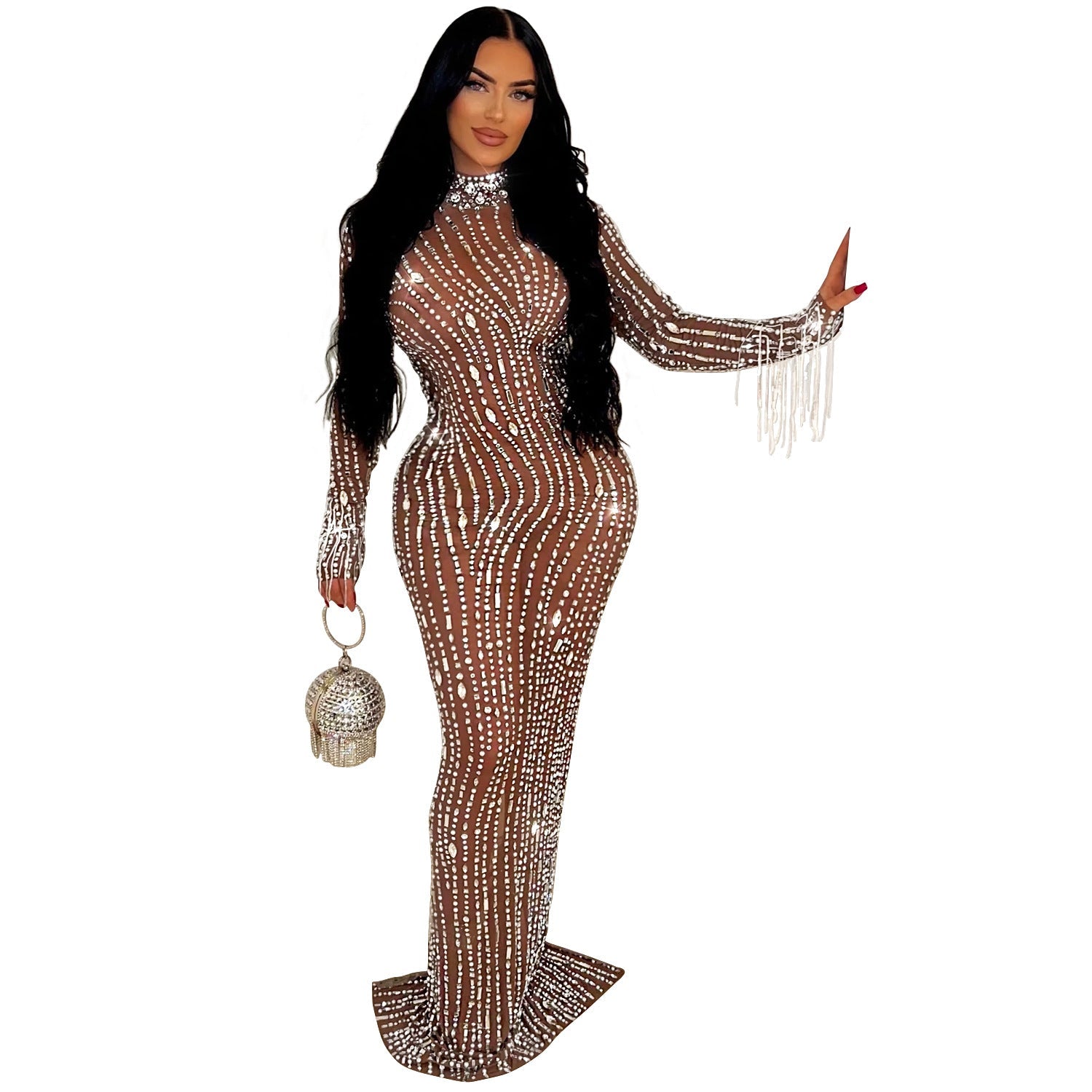 Women Wear Solid Color Mesh Drilling Dress Long by Ragazza