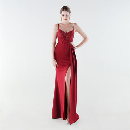 Deep V Plunge Waist Tight High Slit Sequin Embroidered Strap Slim Fit Elegant Evening Dress by Ragazza