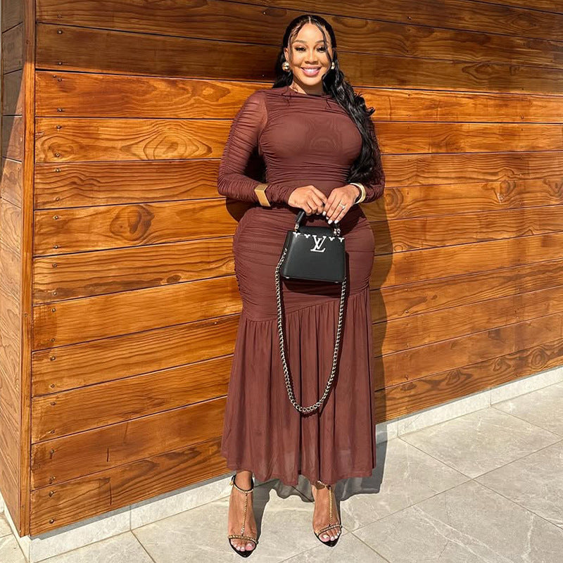 Women Clothing Waist Controlled Solid Color Pleated Hip Dress Vertical Swing Office Turtleneck Long Sleeve Dress Tide by Ragazza