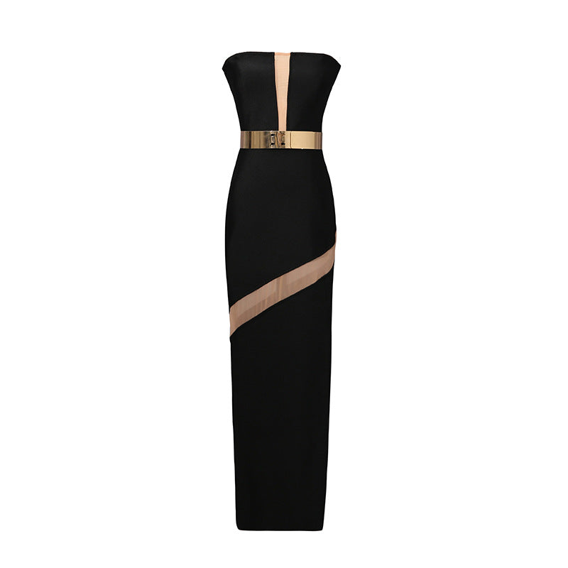 Sexy Slim Fit Party Evening Dress Tube Top Black Dress Summer Side Slit See through Type V neck Dress by Ragazza