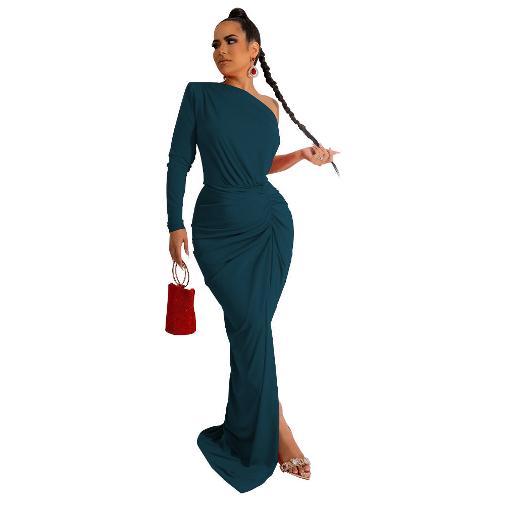 Women Clothing Autumn Oblique Shoulder Pleated Solid Color Dress Maxi Dress by Ragazza