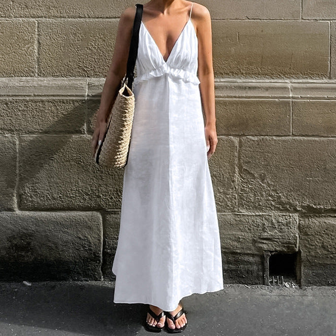 Sexy White Cotton Linen V neck Flounce Loose Sling Dress Spring Summer Vacation Maxi Dress  DestGlow