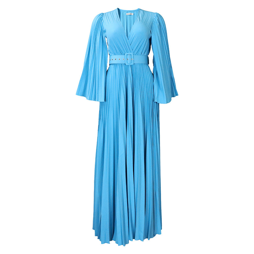 Women Clothing V neck Sexy Pleated Formal Swing Dress Maxi Dress by Ragazza