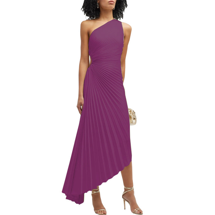 Women Clothing One Shoulder Pleated Color Light Color Series Irregular Asymmetric Dress  DestGlow