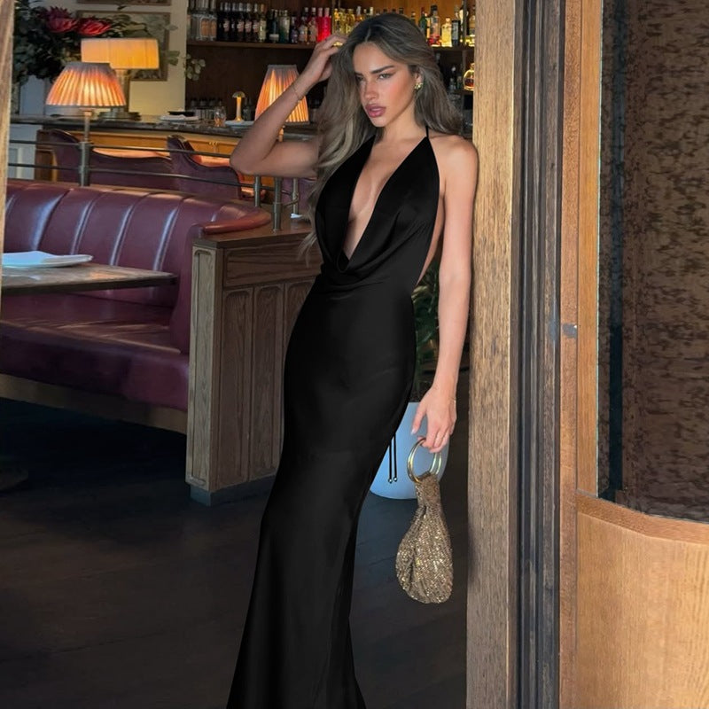 Women Sexy Low Cut Deep V Plunge neck Halter Lace up Bare Back Waist Slimming Evening Dress by Ragazza