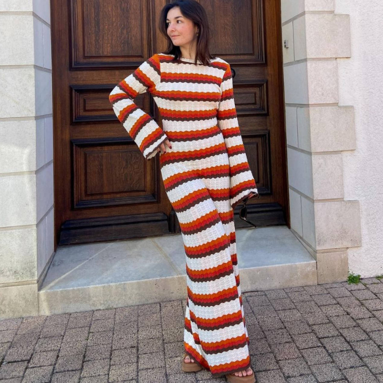 Striped Contrast Color Beach Vacation Sexy Dress Knitted Hollow Out Cutout Maxi Dress Blouse Summer Women by Ragazza