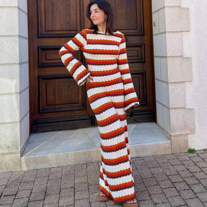 Striped Contrast Color Beach Vacation Sexy Dress Knitted Hollow Out Cutout Maxi Dress Blouse Summer Women by Ragazza