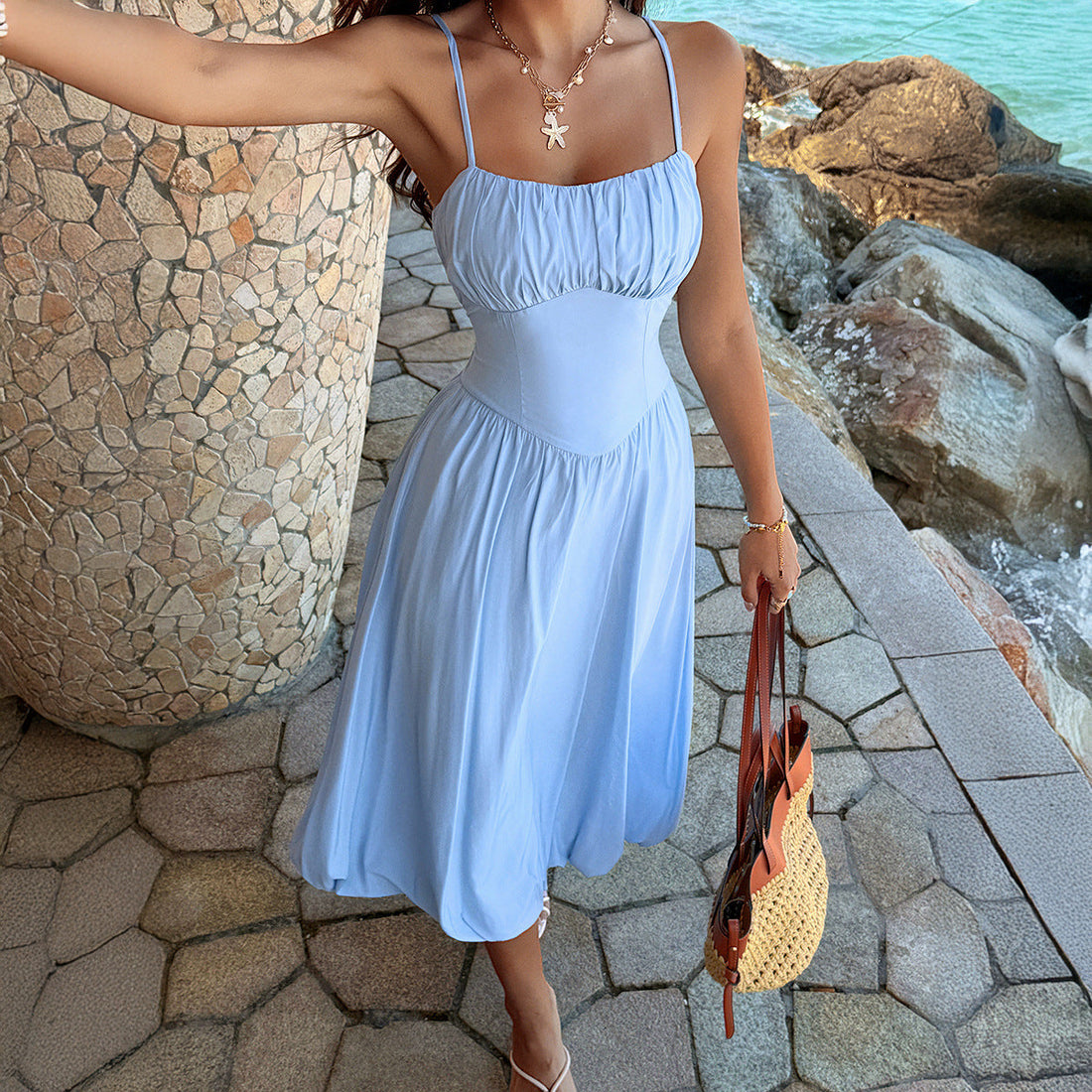 Spaghetti Straps Sleeveless Vacation Fitted Waist Backless Dress Women by Ragazza