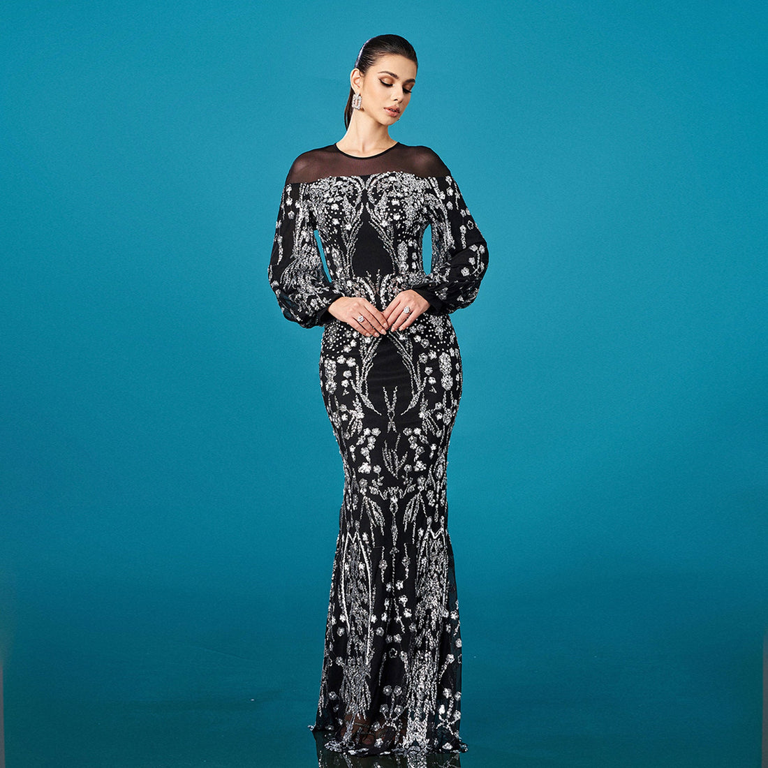 High Grade Long Sleeved round Neck Cocktail Sequined Sheath Fishtail Evening Dress Bridesmaid Dress by Ragazza