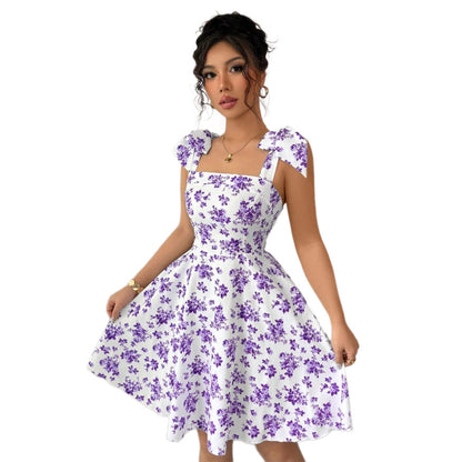 Women Clothing Floral Print High Waist Lace up Sweet A line Large Hem Dress by Ragazza
