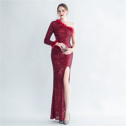 Craft Ostrich Feather Decorative Diagonal Shoulder Roman Collar Side Slit High End Evening Dress by Ragazza
