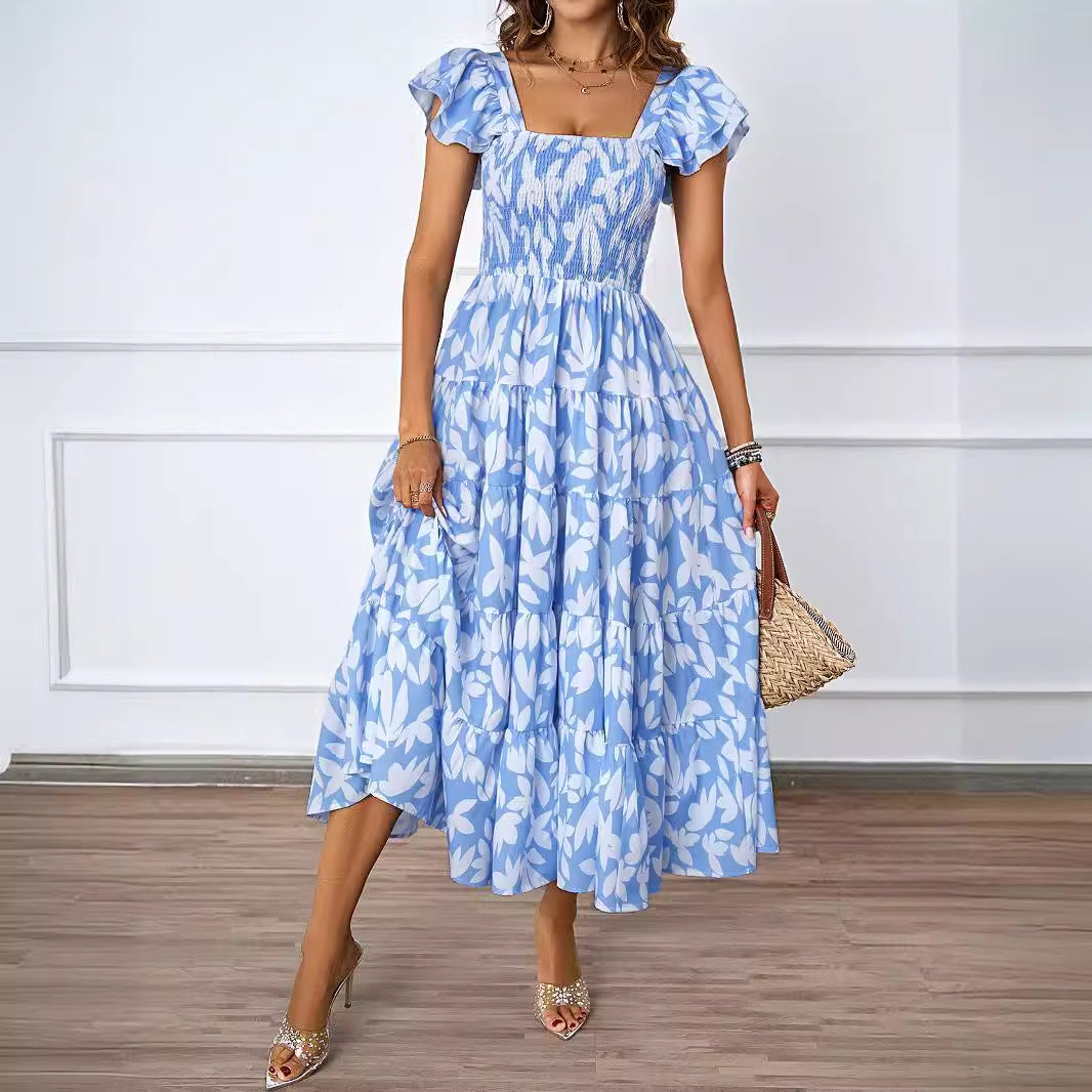 Square Collar Printing Pleated Ruffle Sleeve Elegant Bohemian Printing Dress  DestGlow