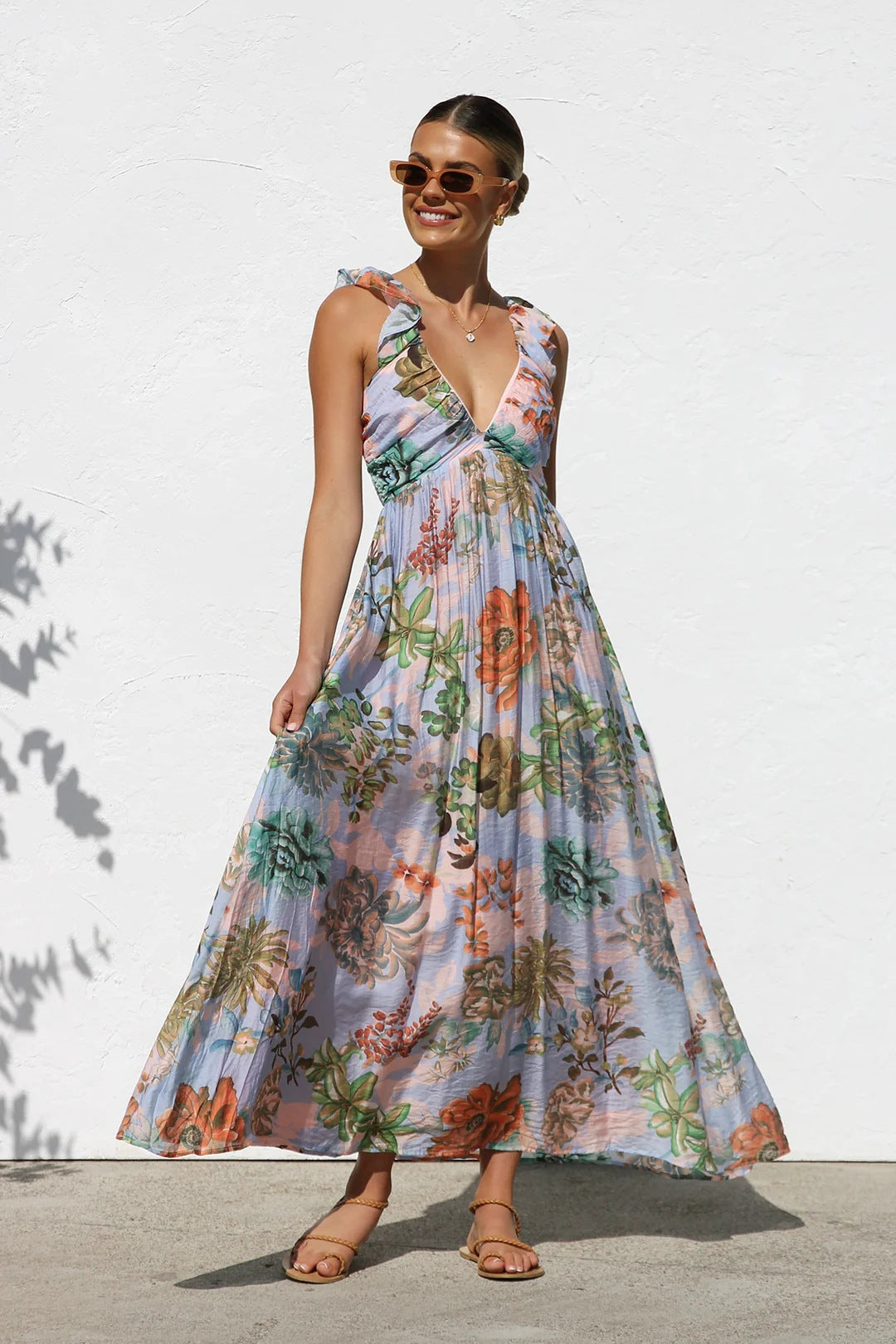 Summer Dress Same Printed V neck Large Swing Strap Dress Women by Ragazza