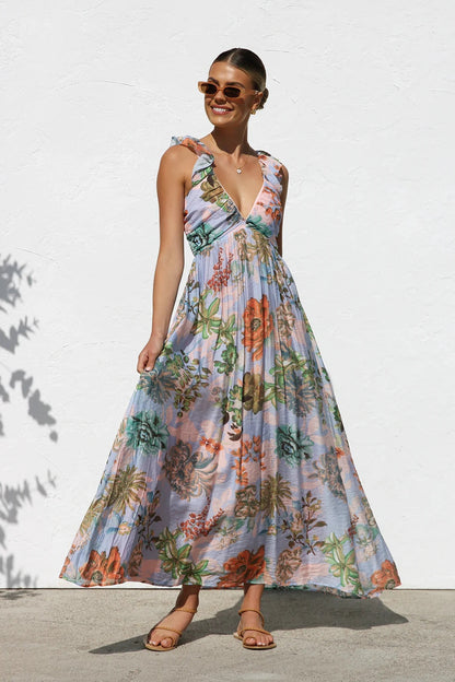 Summer Dress Same Printed V neck Large Swing Strap Dress Women by Ragazza