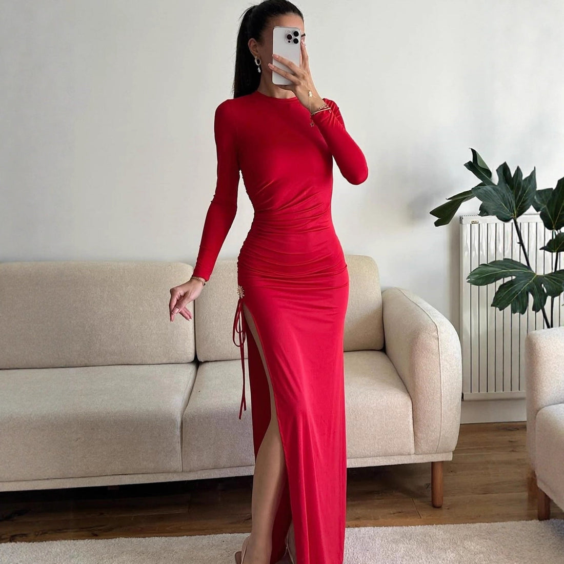 Early Autumn Women Clothing Long Sleeve Dress Lace up Slimming Slit Metal Decorative Maxi Dress Women by Ragazza
