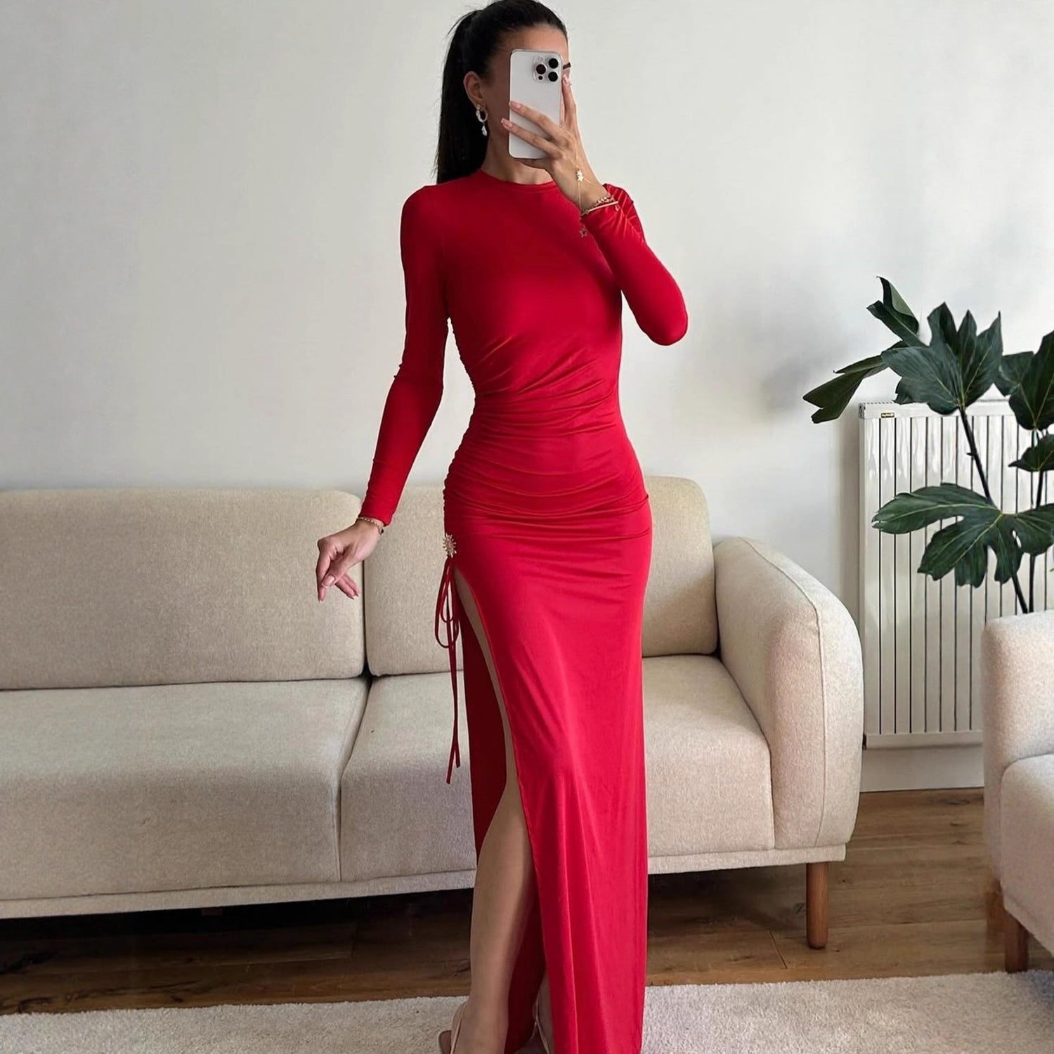 Early Autumn Women Clothing Long Sleeve Dress Lace up Slimming Slit Metal Decorative Maxi Dress Women by Ragazza