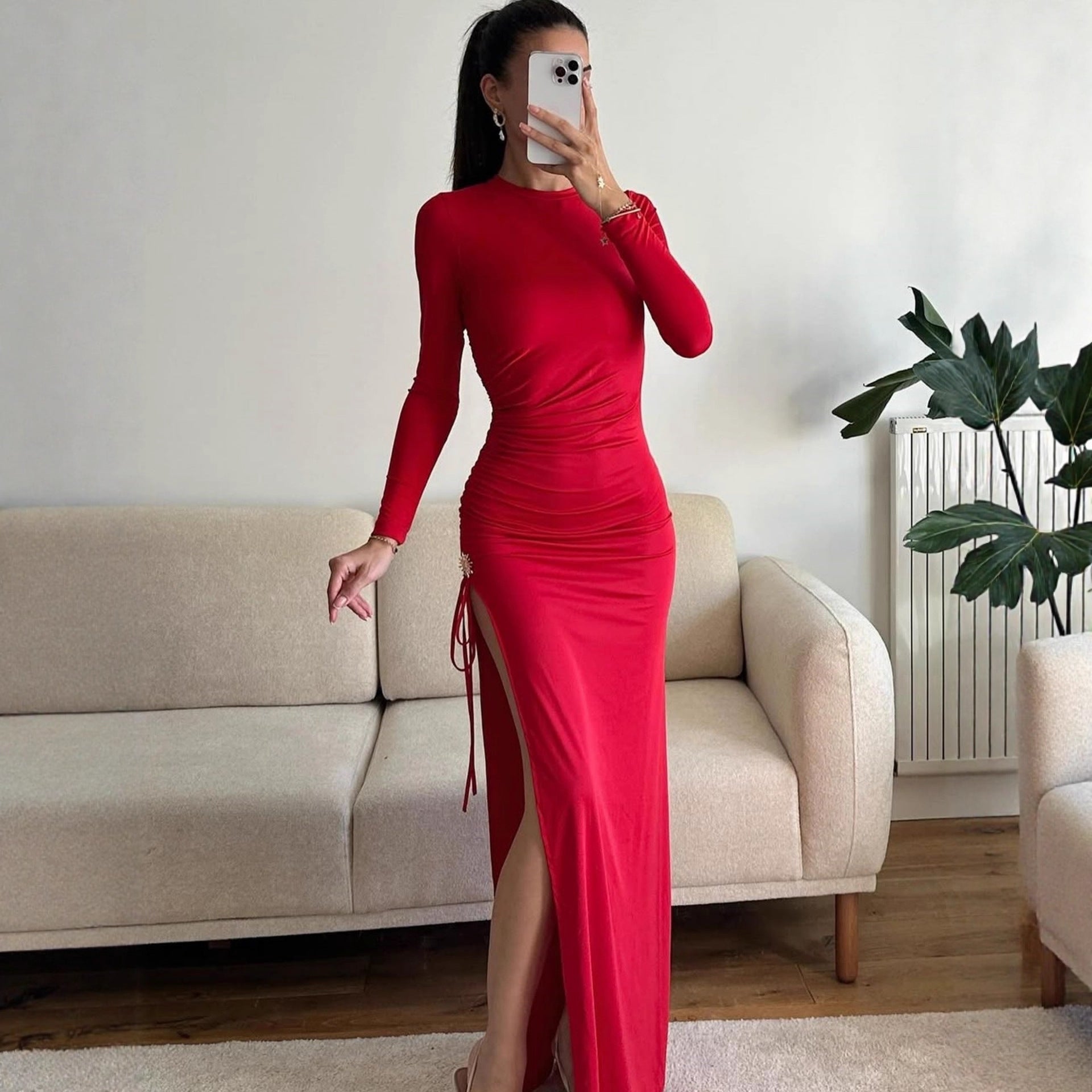 Early Autumn Women Clothing Long Sleeve Dress Lace up Slimming Slit Metal Decorative Maxi Dress Women by Ragazza