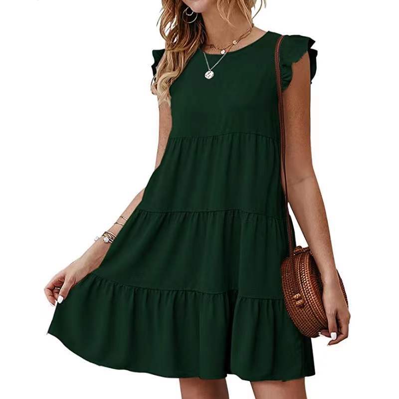 Summer Solid Color round Neck Short Sleeves Dress Casual Tiered Dress Pleated Large Swing Dress by Ragazza