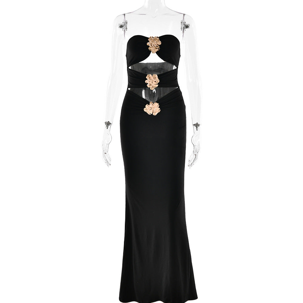 Summer Ladies Sexy Cutout Dress off Neck Metal Floral Sexy Slim Fit Maxi Dress by Ragazza