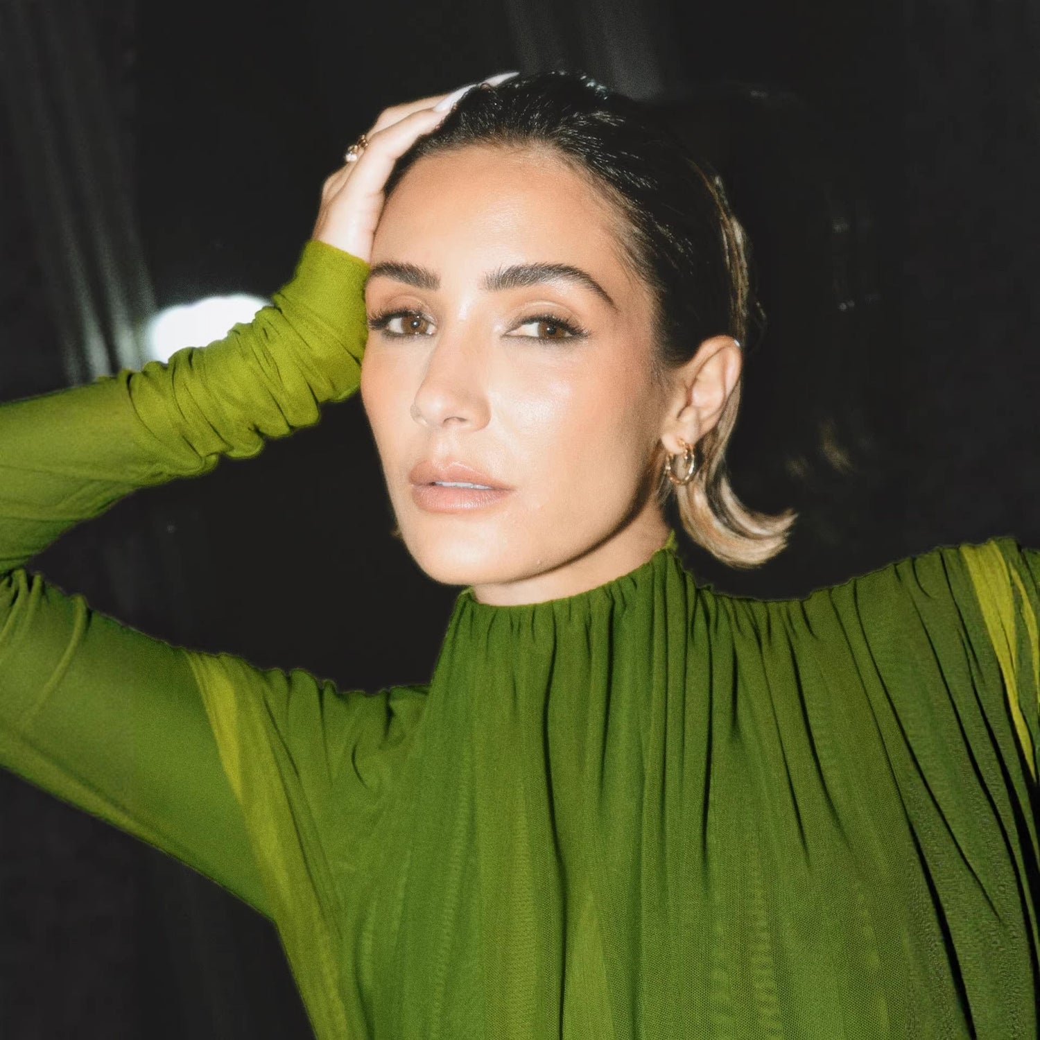 Dress Winter round Neck Green Pleated Long Sleeve  DestGlow