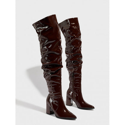 Pointed Toe Thick Heel Bright Leather Natural Wrinkle Side Zipper Comfortable Qualcomm Women Boots  DestGlow