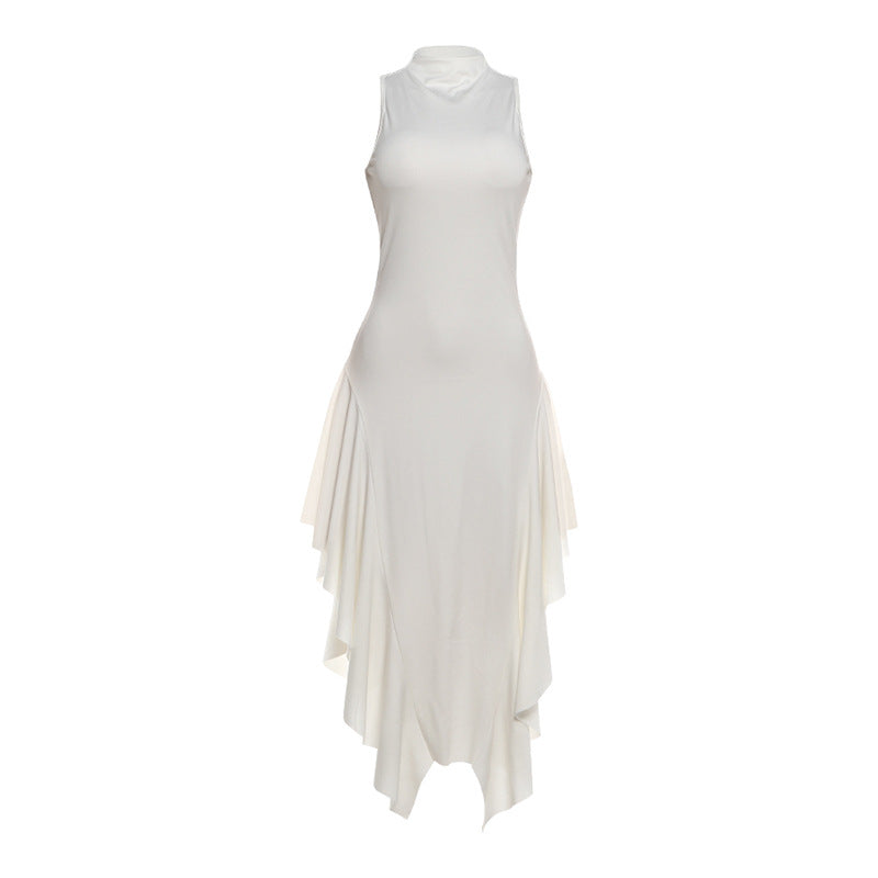 Summer Women Elegant Slim Stand Collar Irregular Asymmetric Skirt Socialite Dress  DestGlow