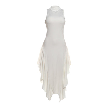 Summer Women Elegant Slim Stand Collar Irregular Asymmetric Skirt Socialite Dress  DestGlow
